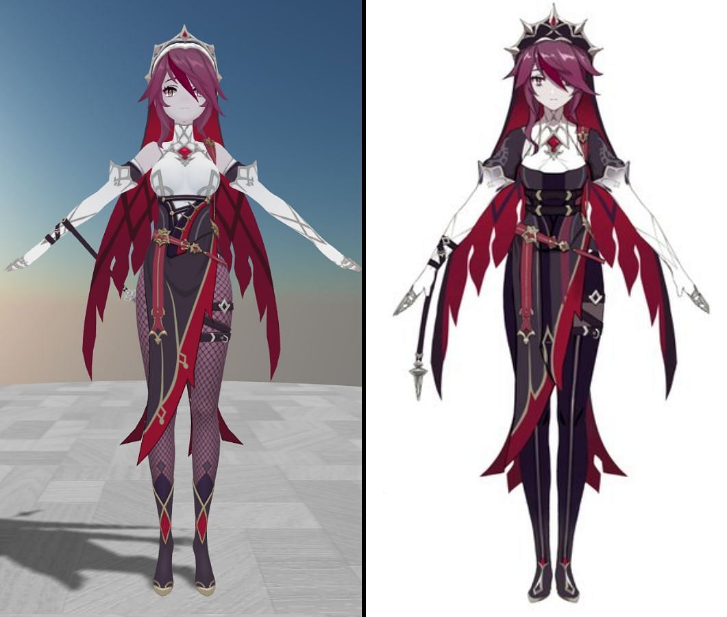 Rosaria&#039;s old 3D model is on the left, the supposed new outfit is on the right (Image via Genshin Impact)