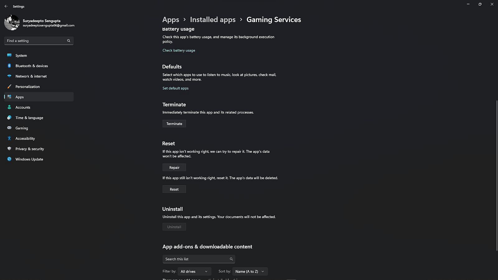 Reinstall or resetting Gaming Services (Image captured from Windows 11 desktop)