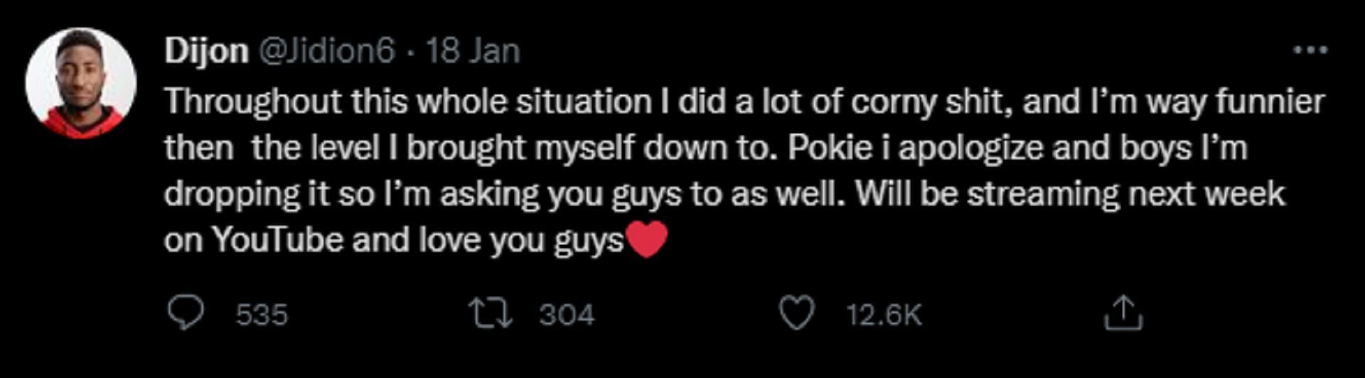 JiDion&#039;s apologies to Pokimane (via Twitter/Jidion6) 