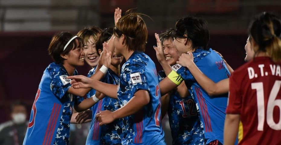 Japan Women&#039;s Team celebrating their goal against Vietnam. (Image Courtesy: Twitter/afcasiancup)