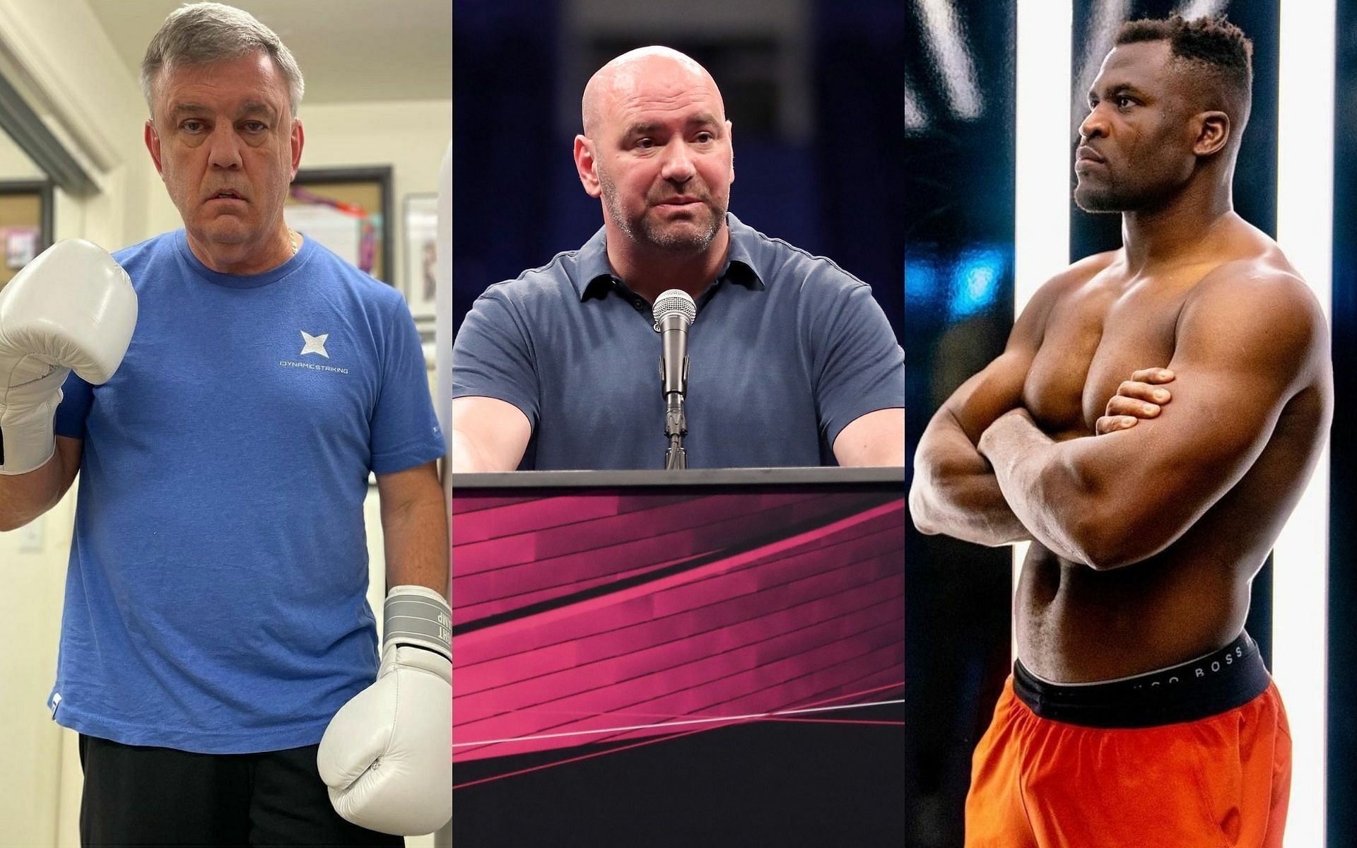 Teddy Atlas (left: Image Credit: @teddy_atlas on Instagram), Dana White (center) and Francis Ngannou (right; Photo Courtesy: @francisngannou on Insta)