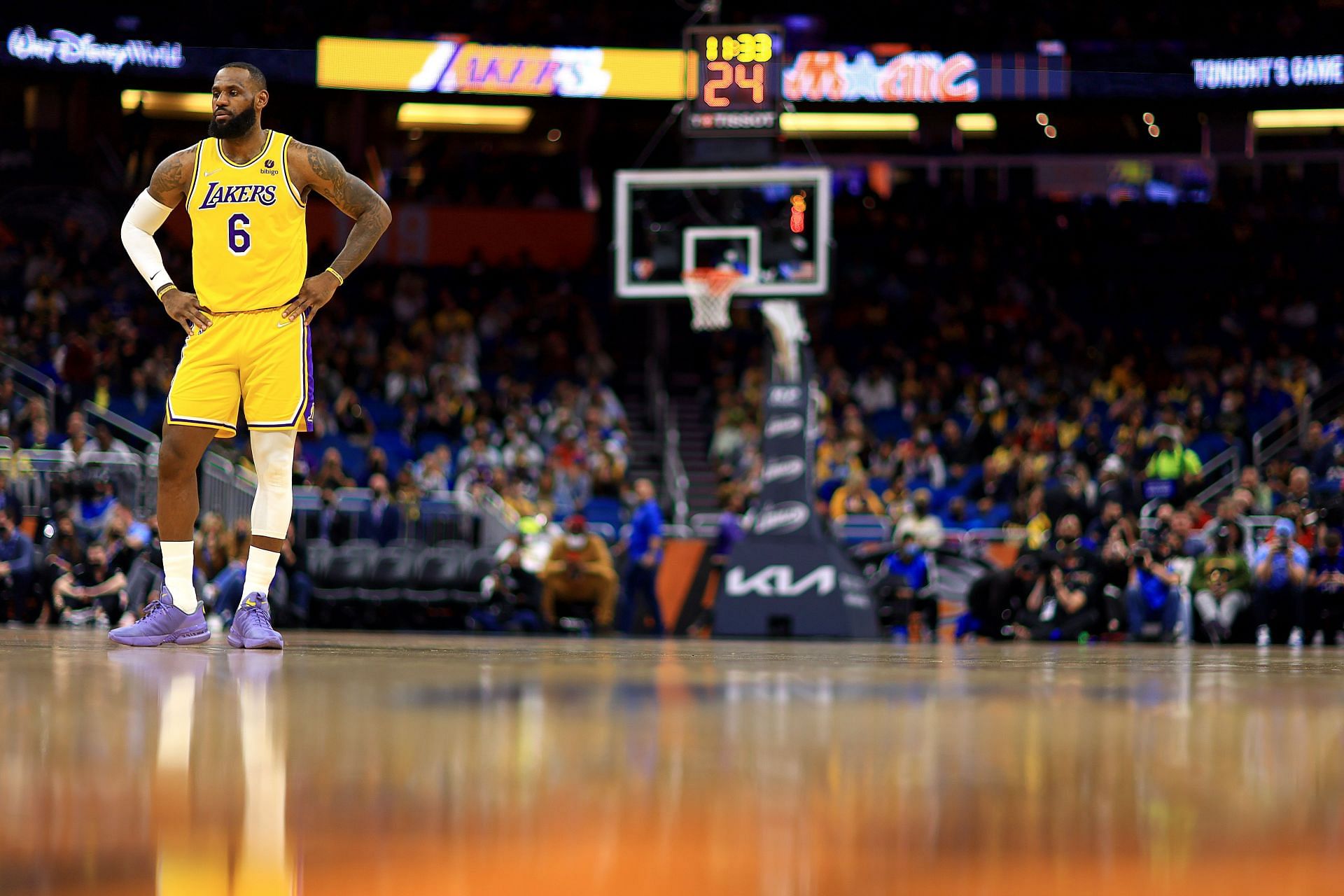 LeBron James #6 of the Los Angeles Lakers looks on during a game against the Orlando Magic at Amway Center on January 21, 2022 in Orlando, Florida