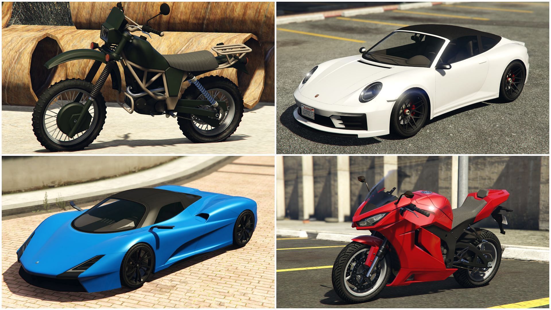 Some of the fastest cars and motorbikes in GTA Online right now (Images via Rockstar Games)