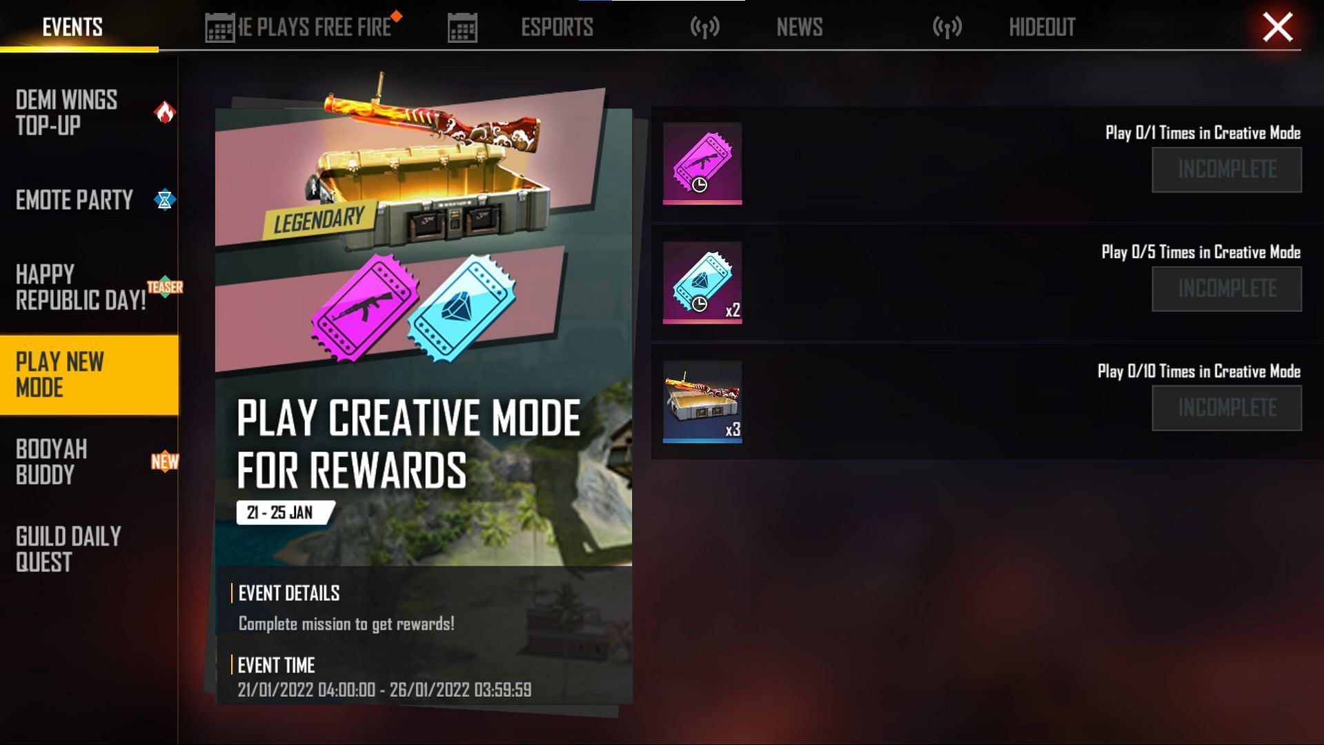 Users must participate in Creative Mode matches (Image via Garena)