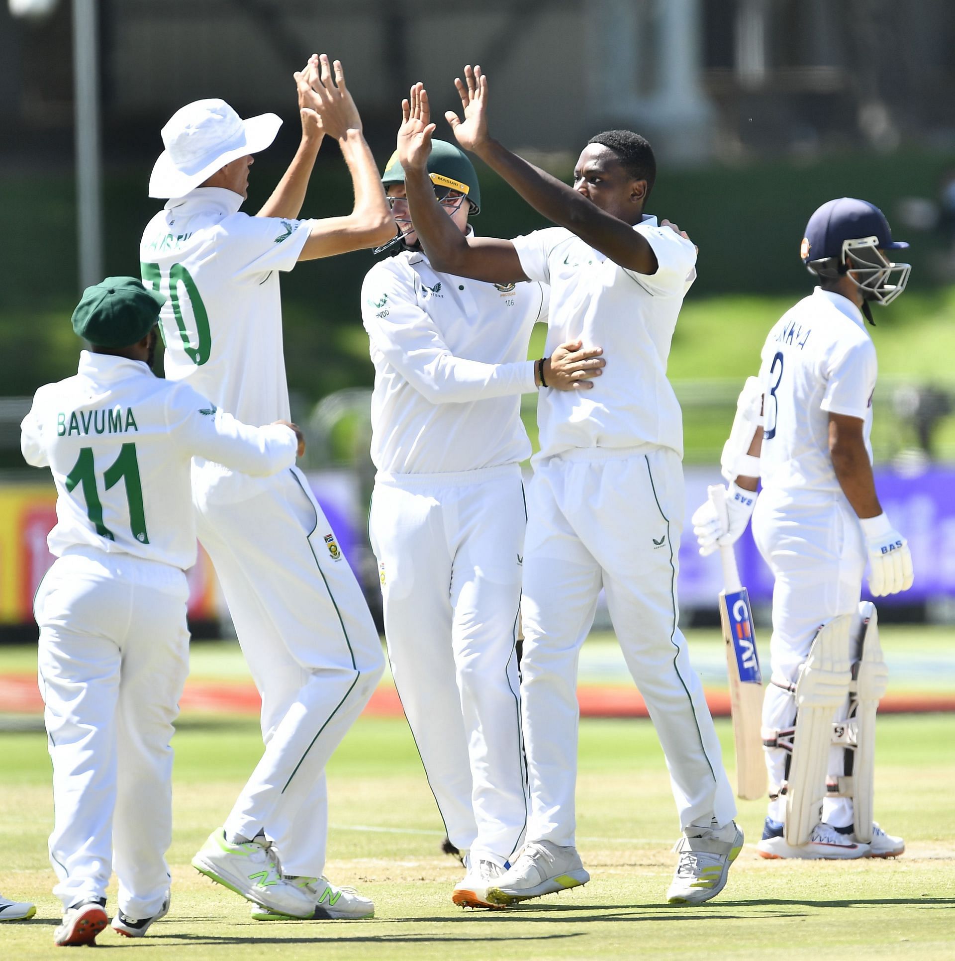 South Africa celebrates the wicket of Ajinkya Rahane