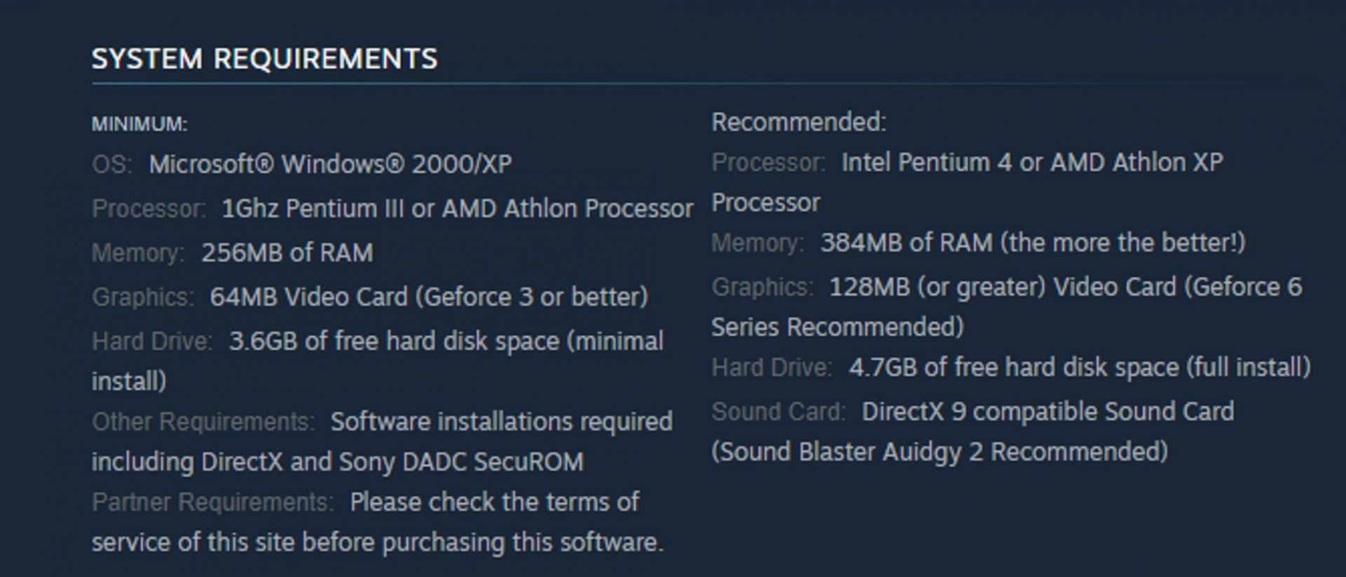 Its PC requirements, according to Steam (Image via Steam)