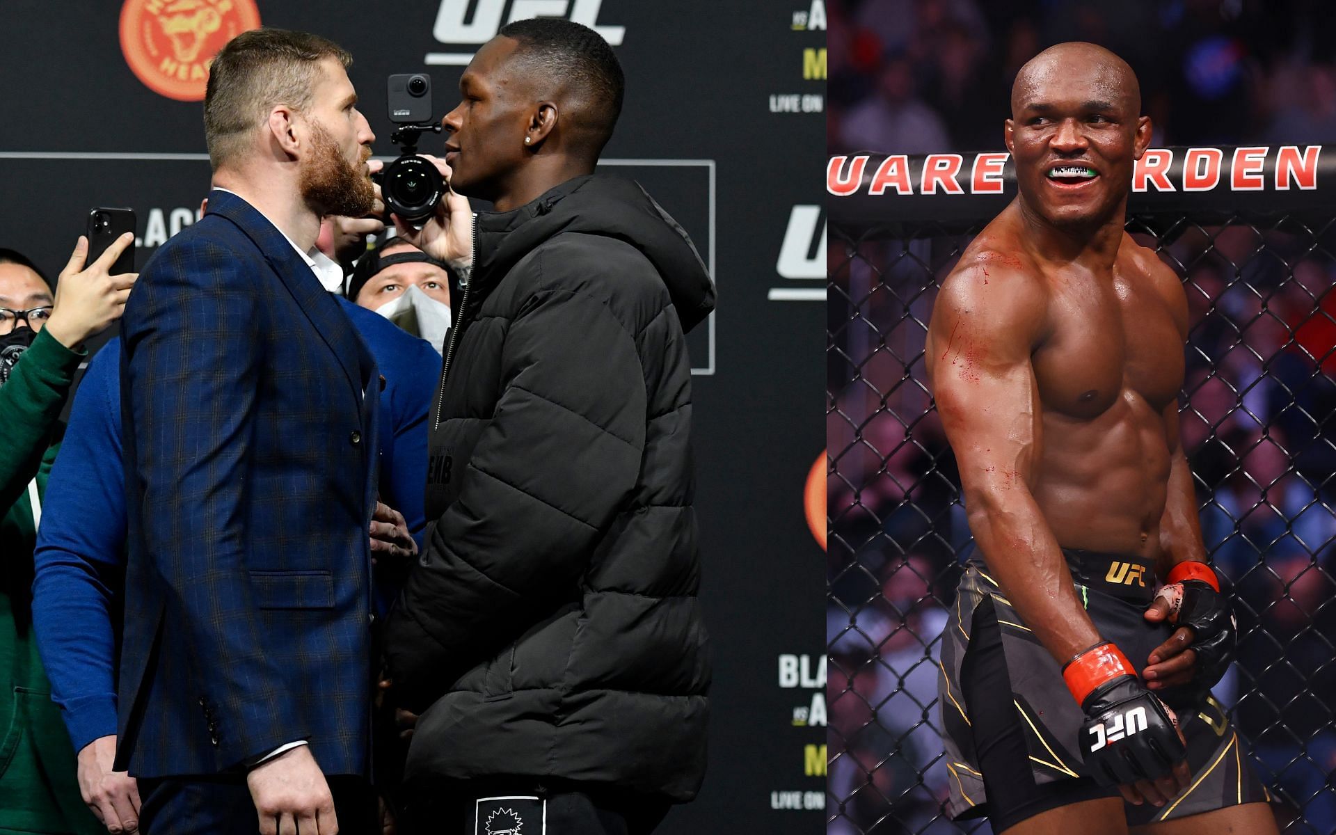 Jan Blachowicz and Israel Adesanya face off ahead of their UFC 259 bout (left) and Kamaru Usman enters the octagon at UFC 268 (right)