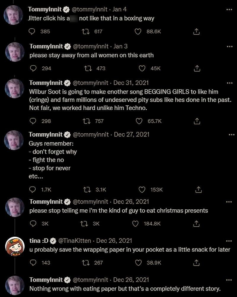 Screenshots of TommyInnit&#039;s tweets (Image via Twitter)