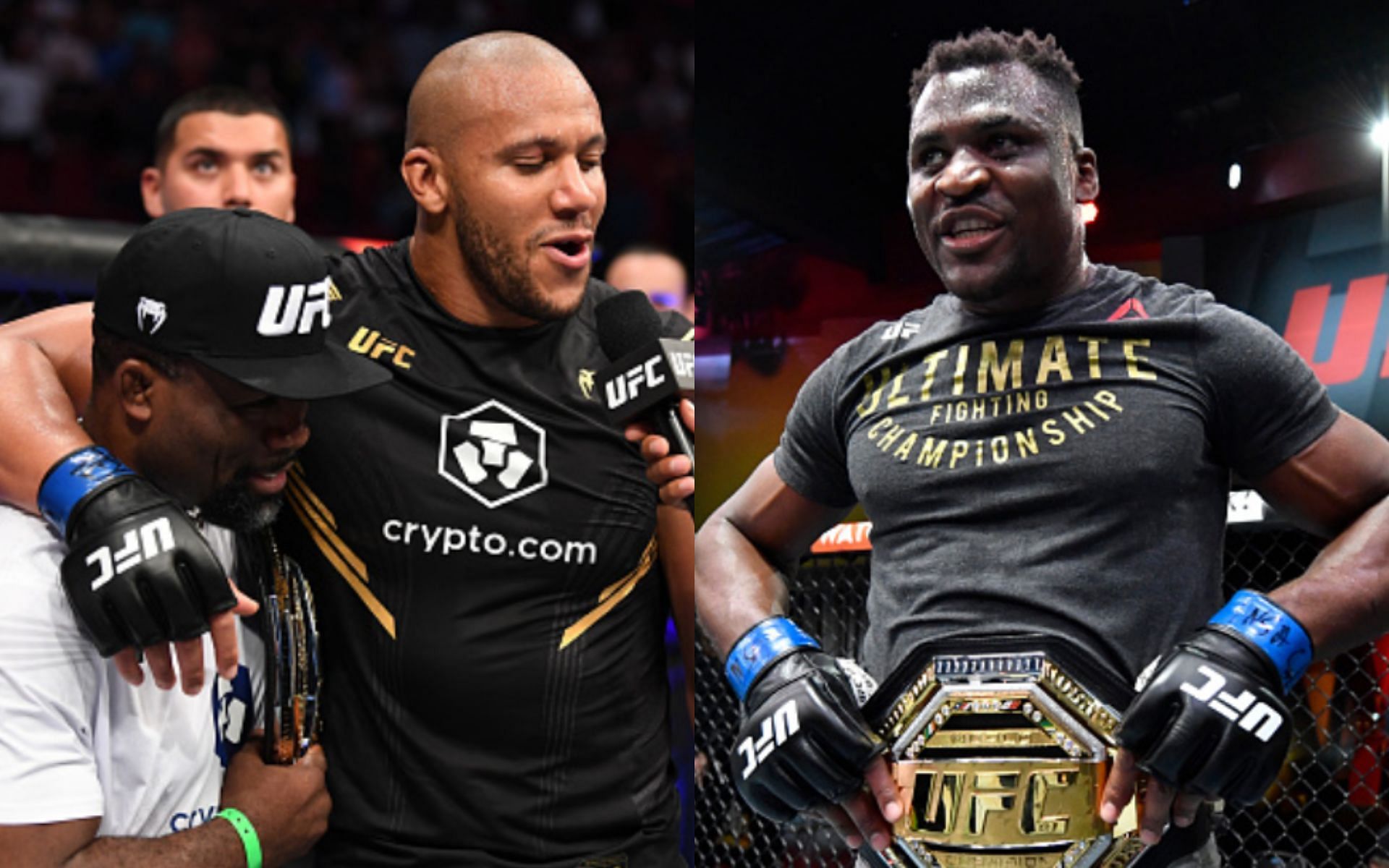 Fernand Lopez (left); Ciryl Gane (center); Francis Ngannou (right)