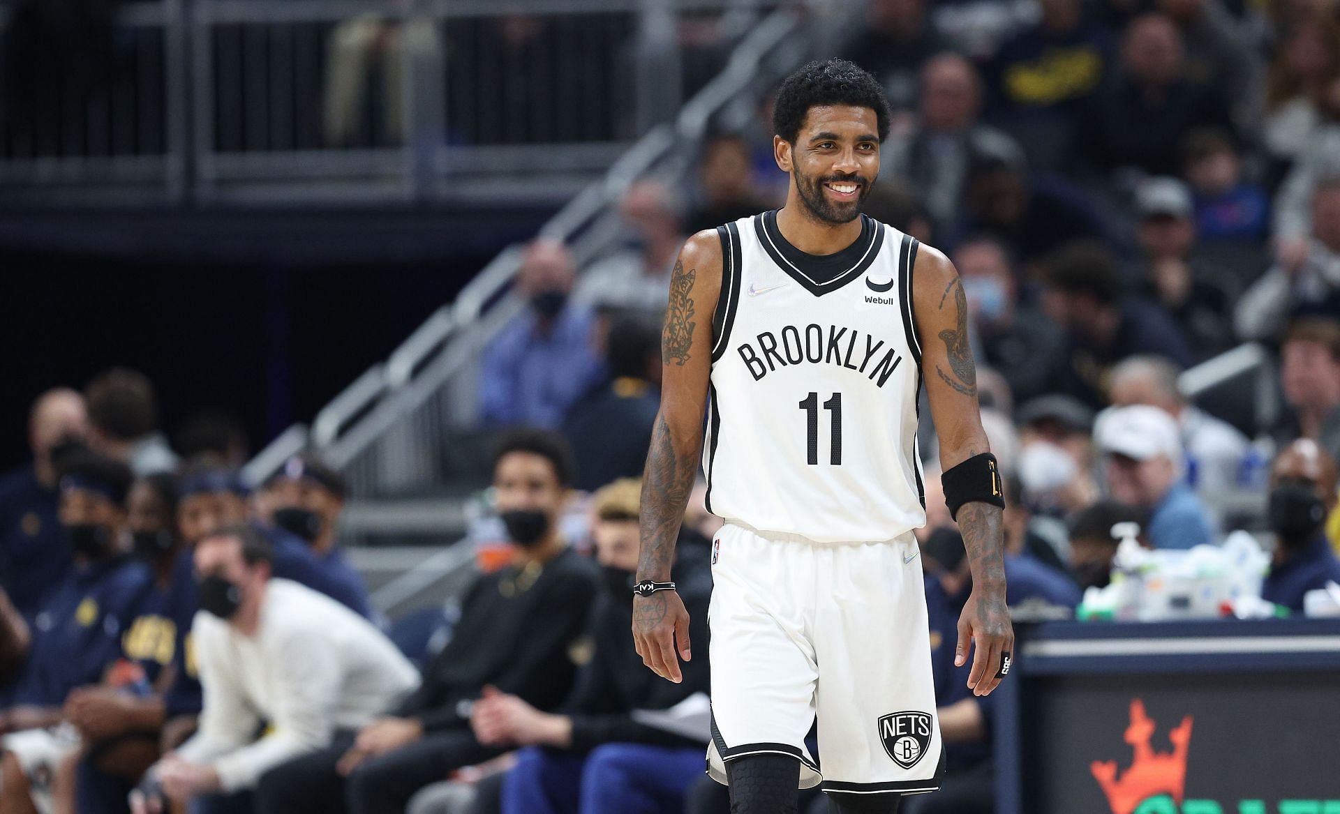 Brooklyn Nets vs. Indiana Pacers; Kyrie Irving smiling in his first game back