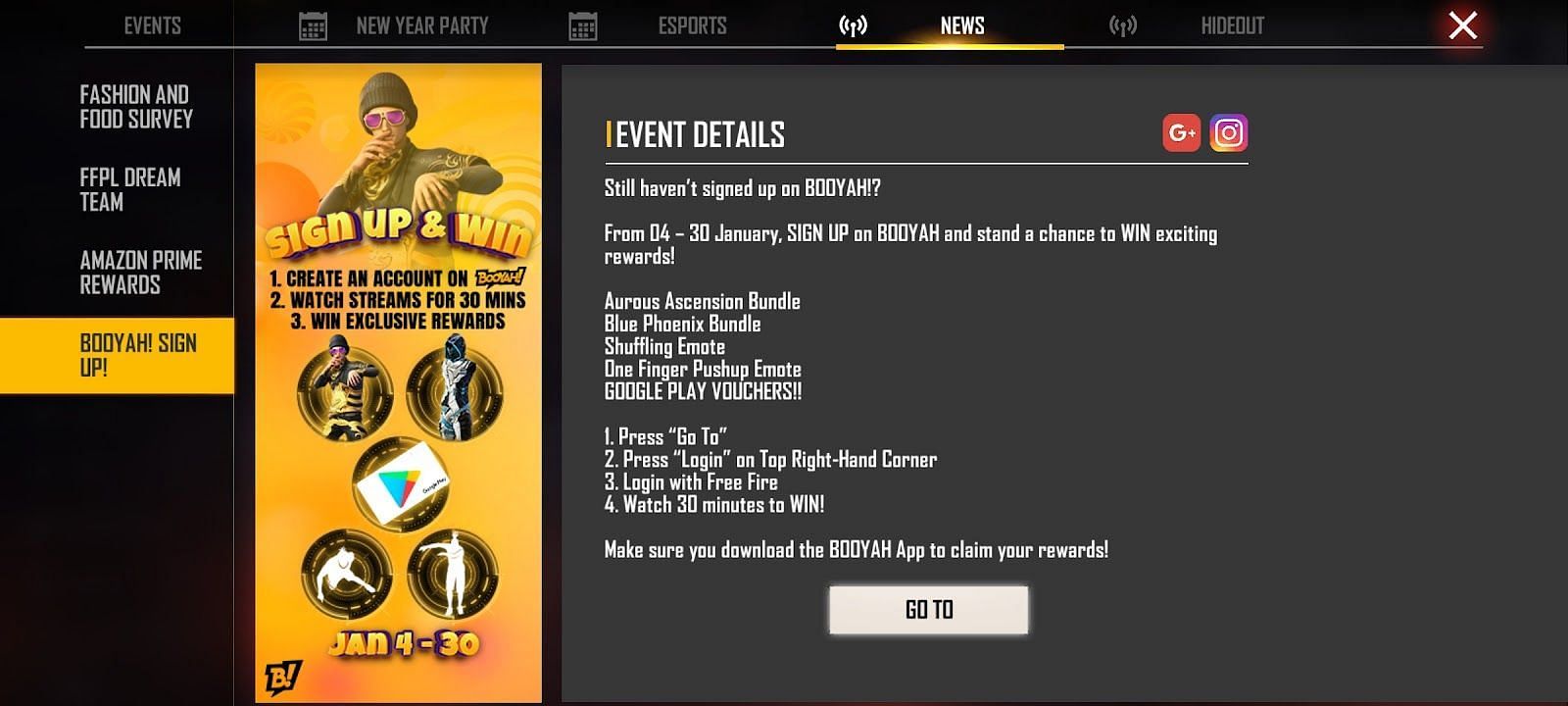 The Booyah! app grants various free rewards like item skins and emotes (Image via Garena)