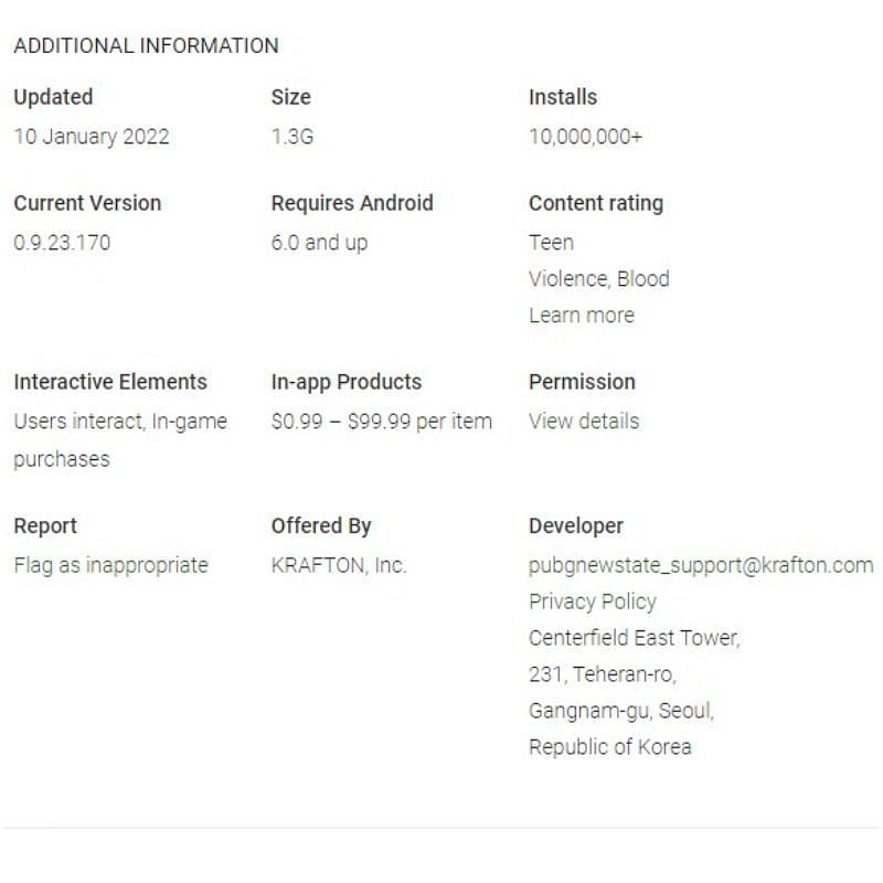 PUBG New State&#039;s system requirements (Image via Google Play Store)