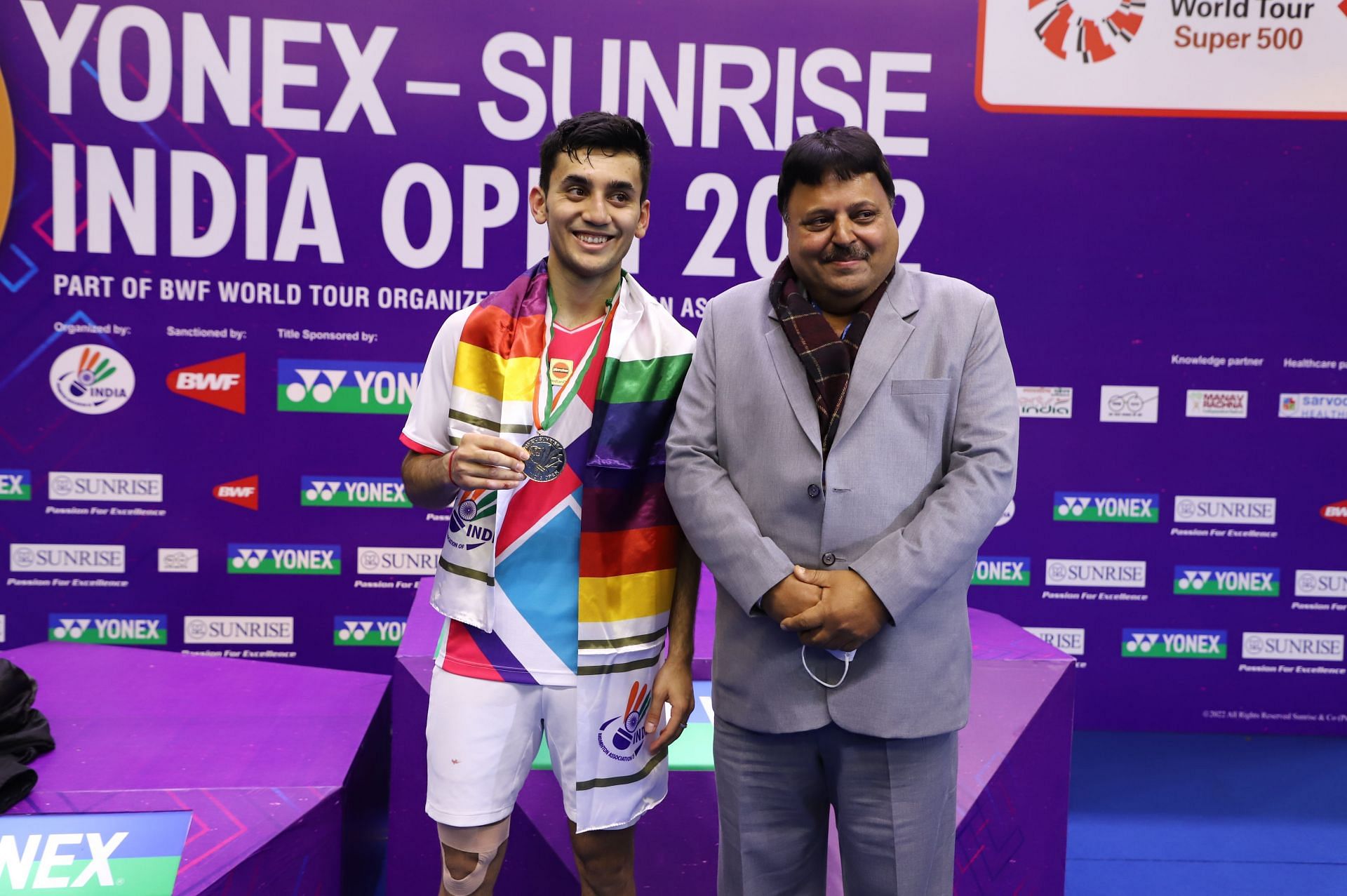 BAI secretary Ajay Kumar Singhania (R) with Lakshya Sen after the India Open in New Delhi. (Picture: BAI)