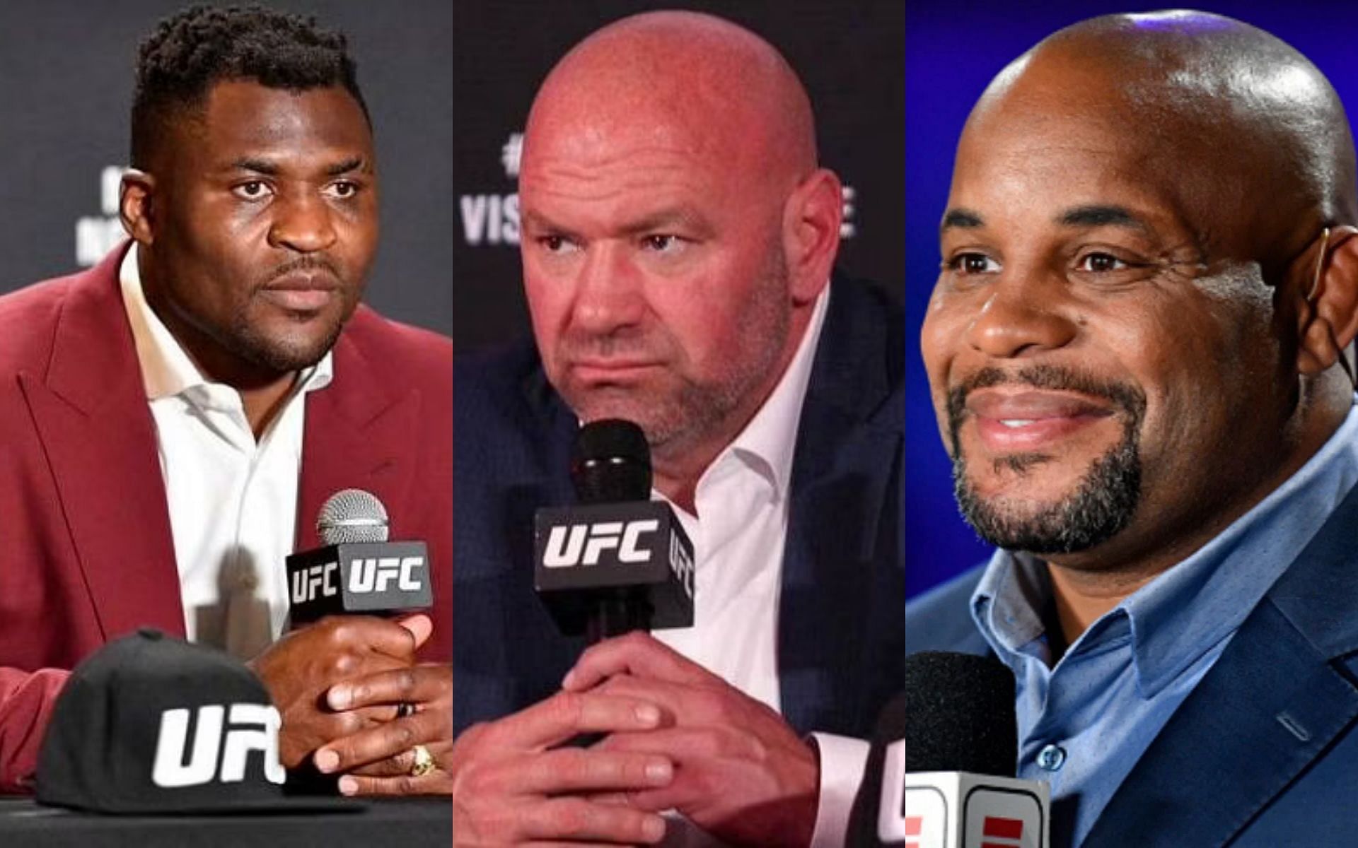 Francis Ngannou, Dana White, and Daniel Cormier (left to right)