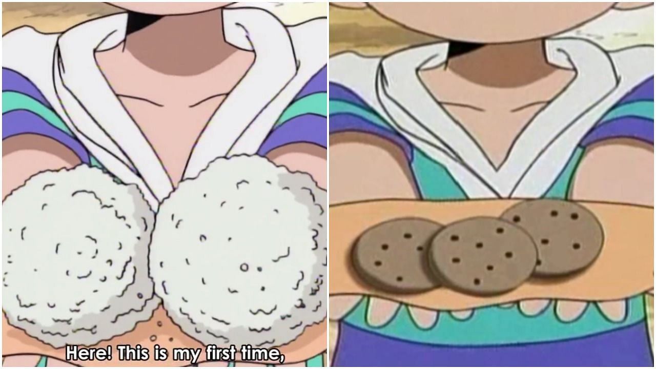 Onigiri as seen in the Funimation dub (left) turned to cookies in the 4Kids dub (right) (Image via Sportskeeda)