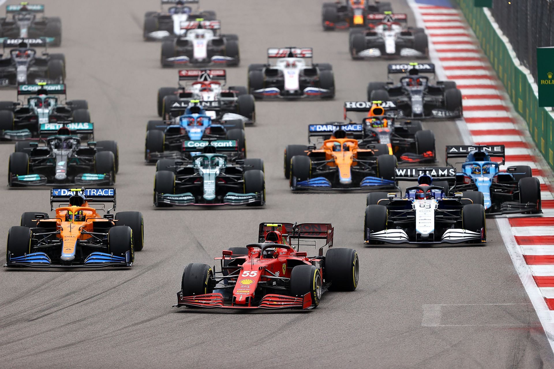 Carlos Sainz Jr. - #55 Scuderia Ferrari SF21 leading into turn 1, 2021 Russian Grand Prix