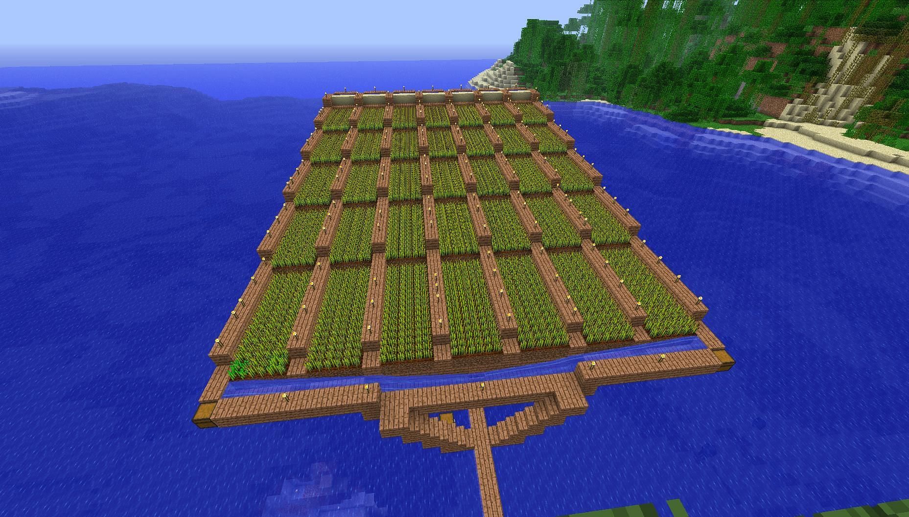 Partially submerging a farm saves the hassle of collecting water buckets (Image via Mojang)