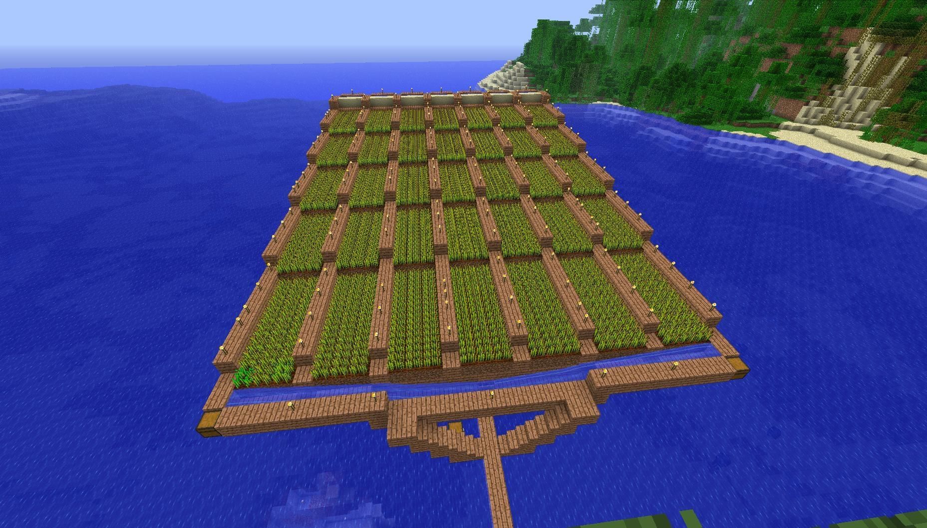 Partially submerging a farm saves the hassle of collecting water buckets (Image via Mojang)