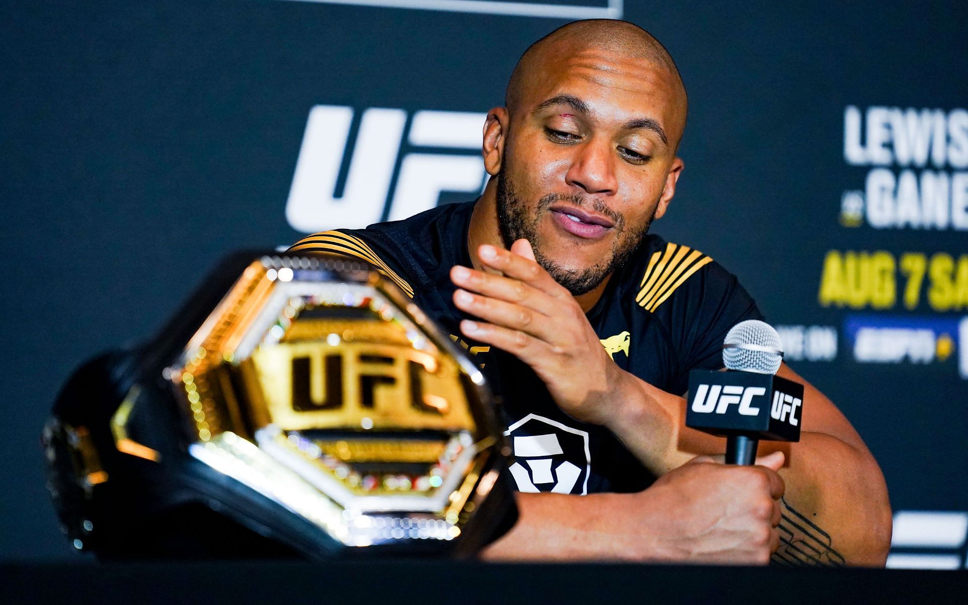 Ciryl Gane speaks to the media after winning his interim title fight against Derrick Lewis at UFC 265 in August 2021