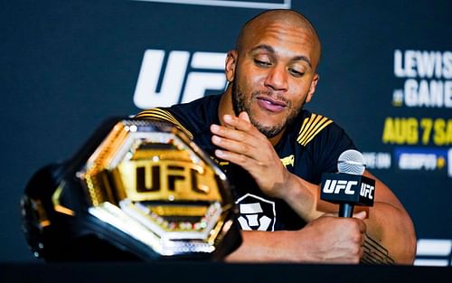 Ciryl Gane speaks to the media after winning his interim title fight against Derrick Lewis at UFC 265 in August 2021