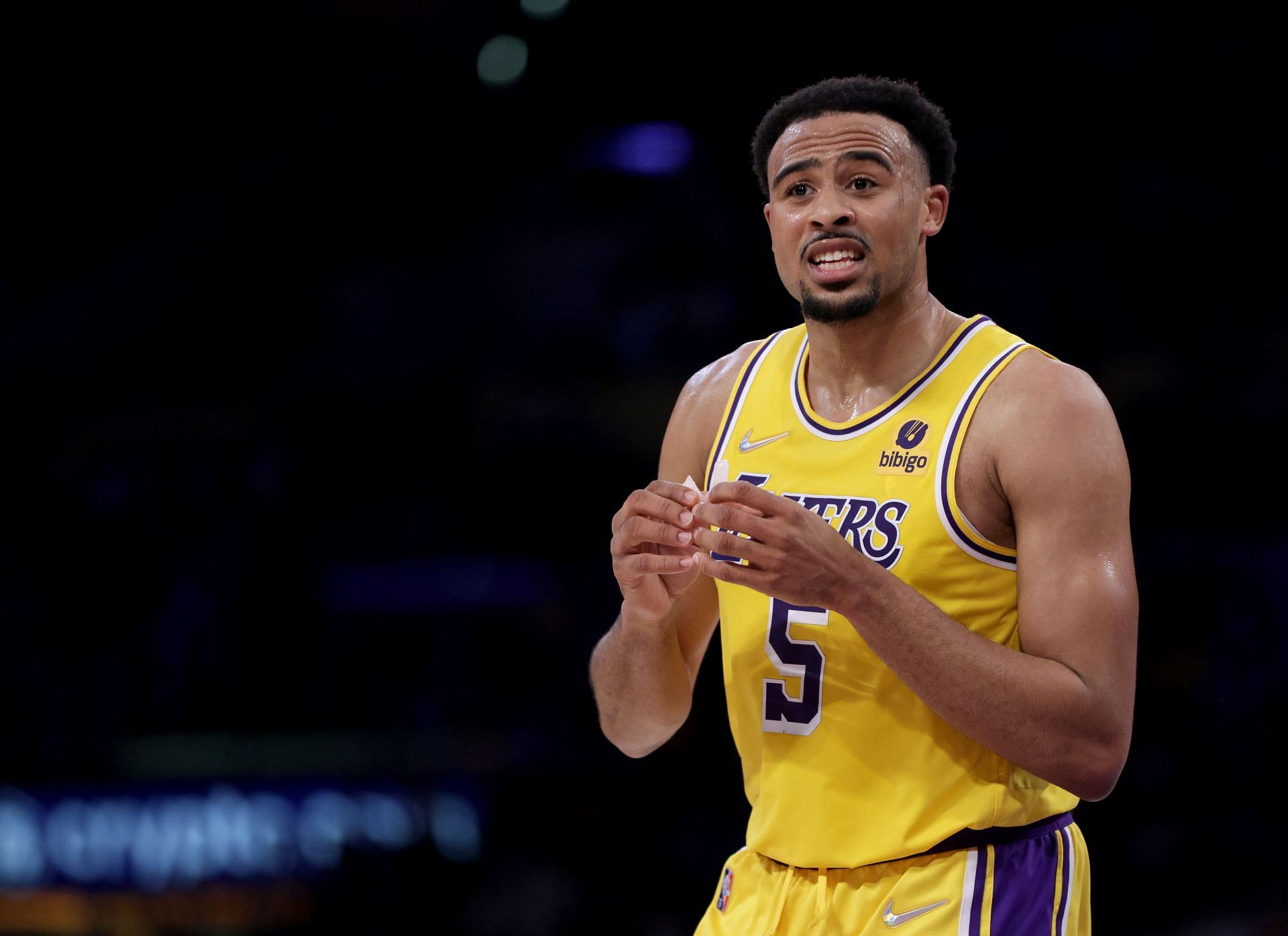 Talen Horton-Tucker of the LA Lakers reacts to his charging foul during a 122-114 win over the Sacramento Kings on Jan. 4, 2022 in Los Angeles, California.
