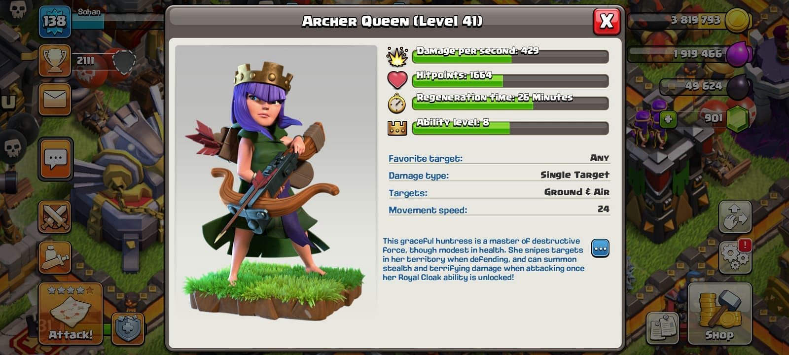 Clash of Clans Archer Queen stats (Image via Sportskeeda)