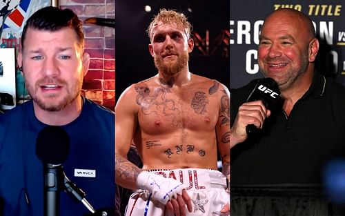 Michael Bisping (left) via YouTube/ Michael Bisping Podcast; Jake Paul(center); Dana White(right)