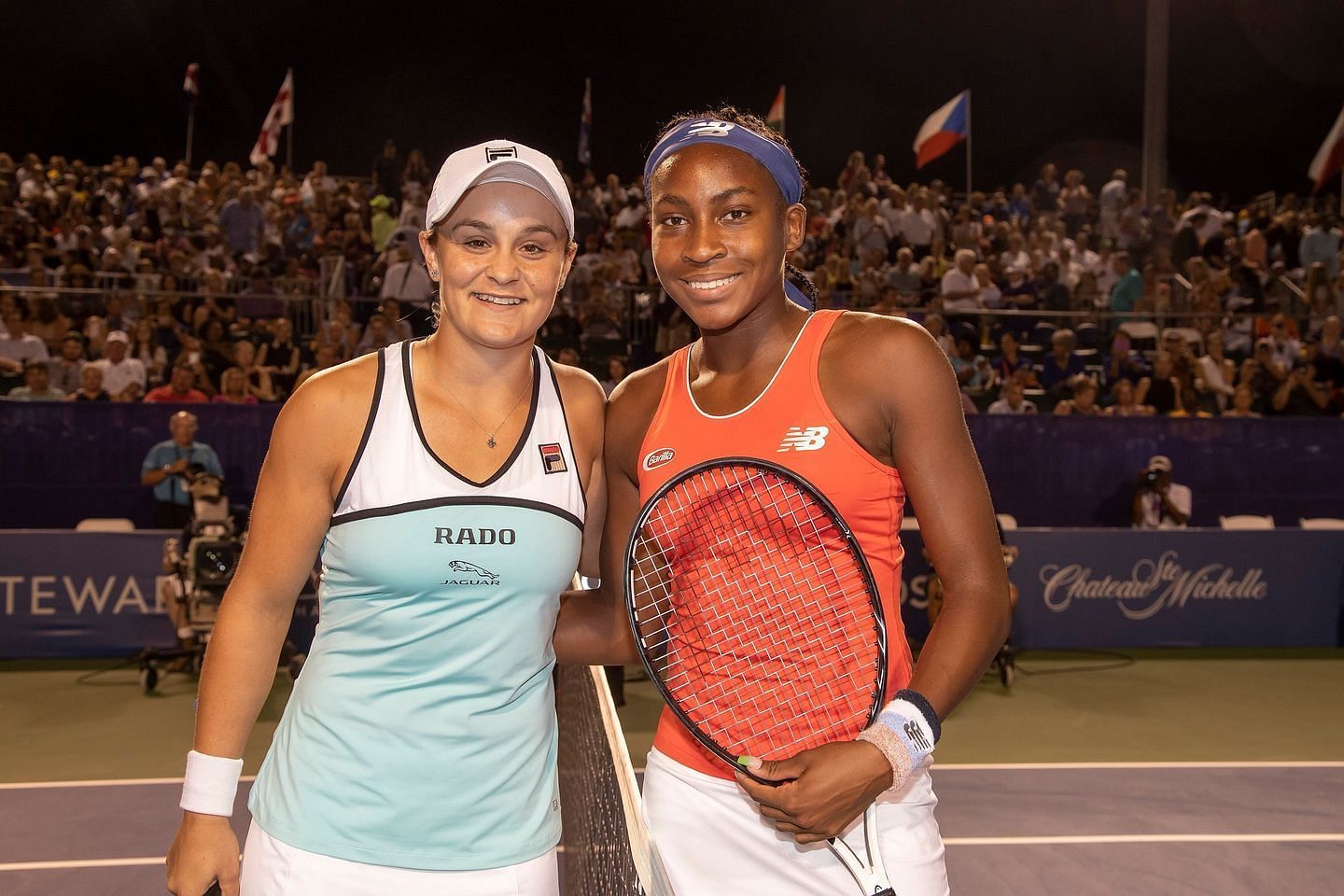 Ashleigh Barty and Coco Gauff at an exhibition match at the Winston-Salem Open in 2019