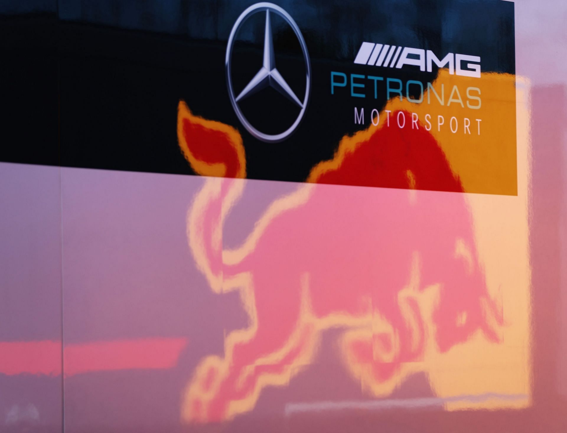 The Red Bull Racing logo reflected in the a truck of the Mercedes GP team at a preseason test in Spain. (Photo by Mark Thompson/Getty Images)