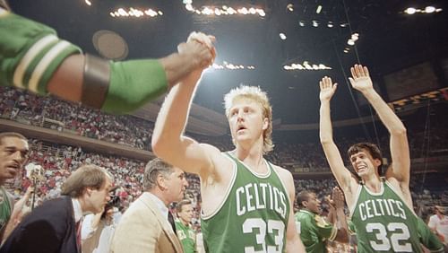 Larry Bird (33) won three MVPs and three titles with the Boston Celtics. 2014 NBA Finals - Game Five.