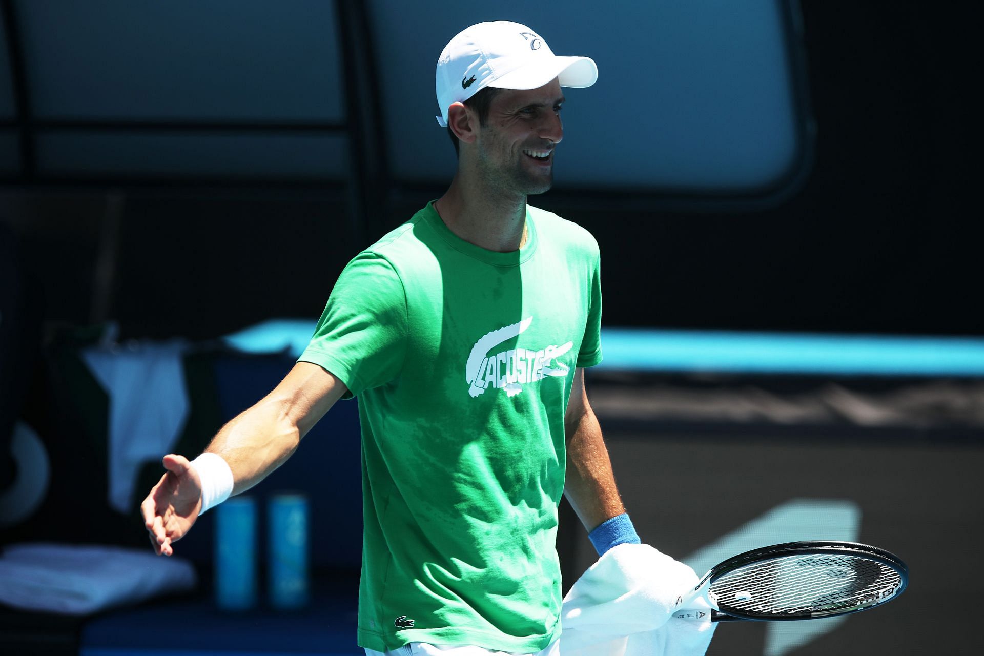 Novak Djokovic practices at the Rod Laver Arena in Melbourne