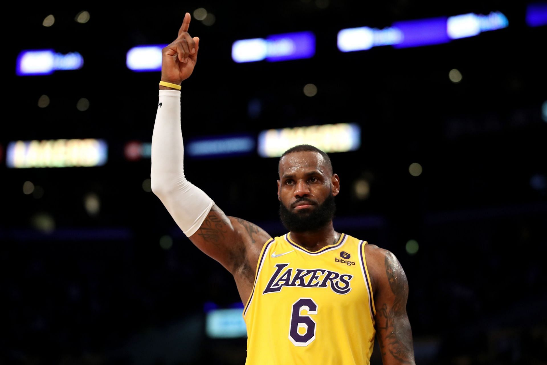 LA Lakers star LeBron James reacting to a play against Utah