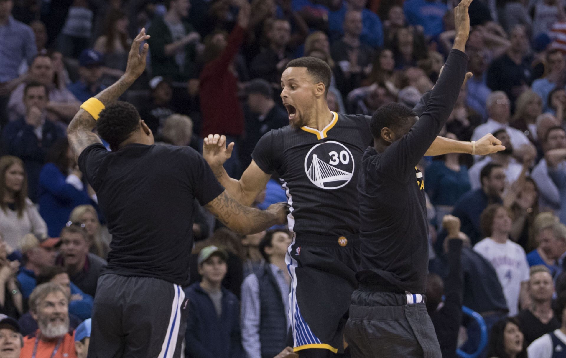 Steph Curry celebrating his greatest game-winner against the OKC Thunder back in 2016.