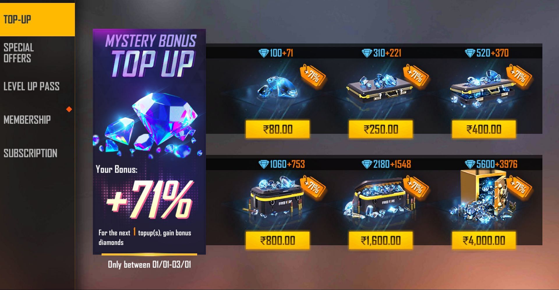 free fire 100 bonus diamond top up event