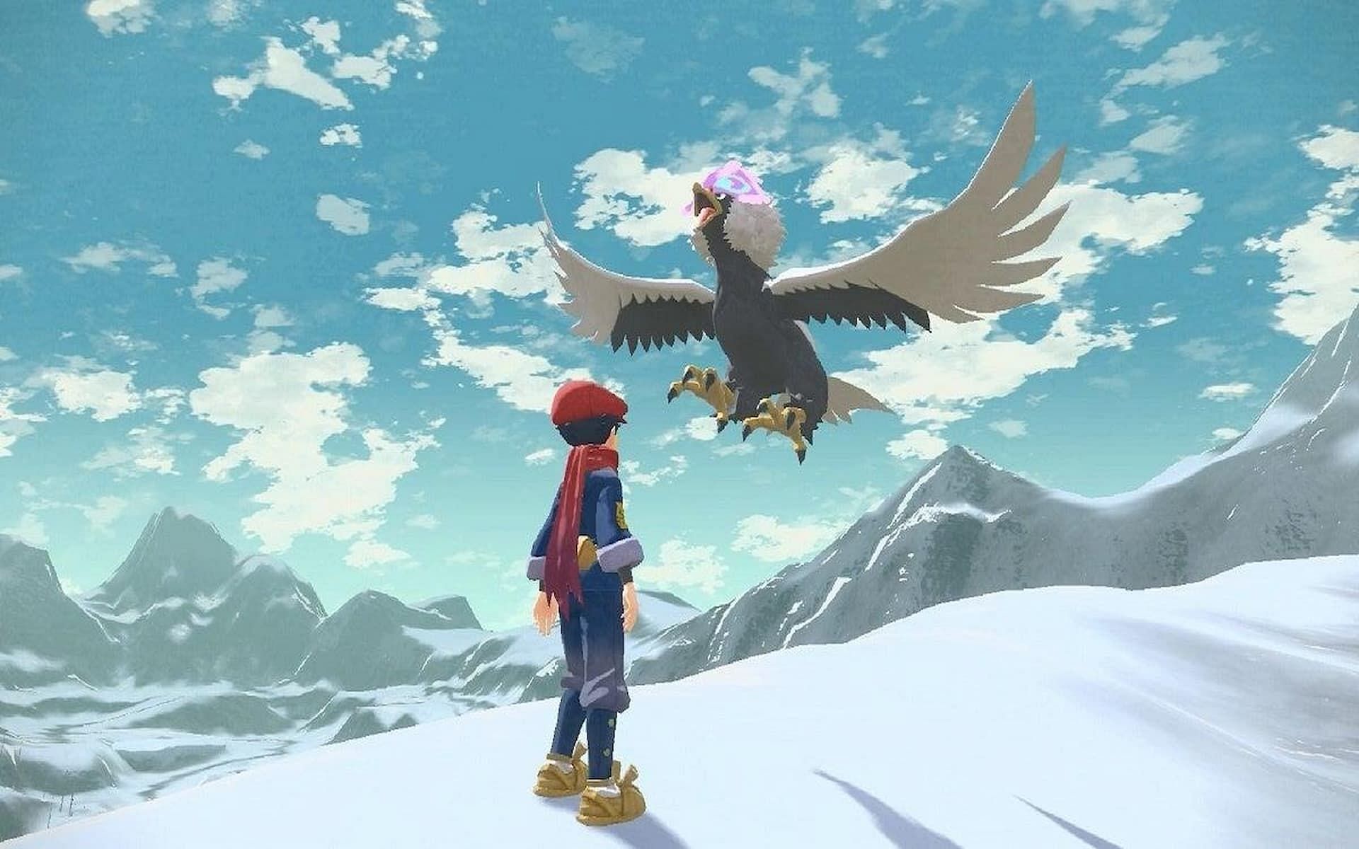 A trainer on a mountaintop with its Braviary (Image via Game Freak)