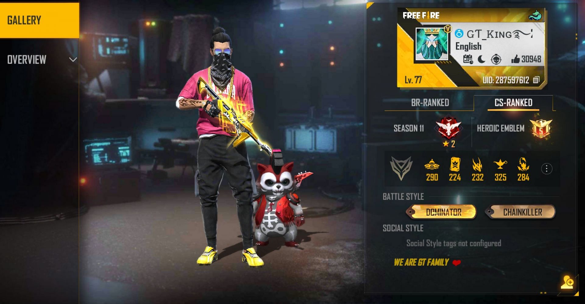 This is GT King&#039;s Free Fire ID and he has the V Badge (Image via Garena)
