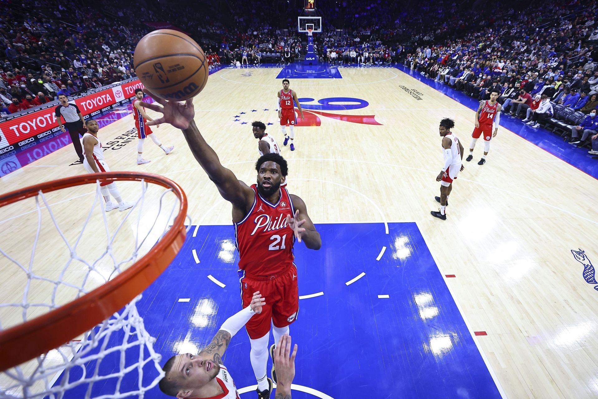 Philadelphia 76ers big man Joel Embiid puts up a shot against the Houston Rockets.