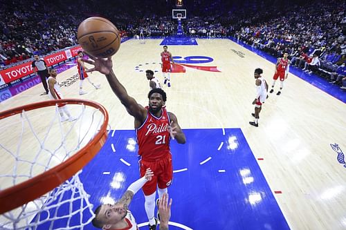 Philadelphia 76ers big man Joel Embiid puts up a shot against the Houston Rockets.