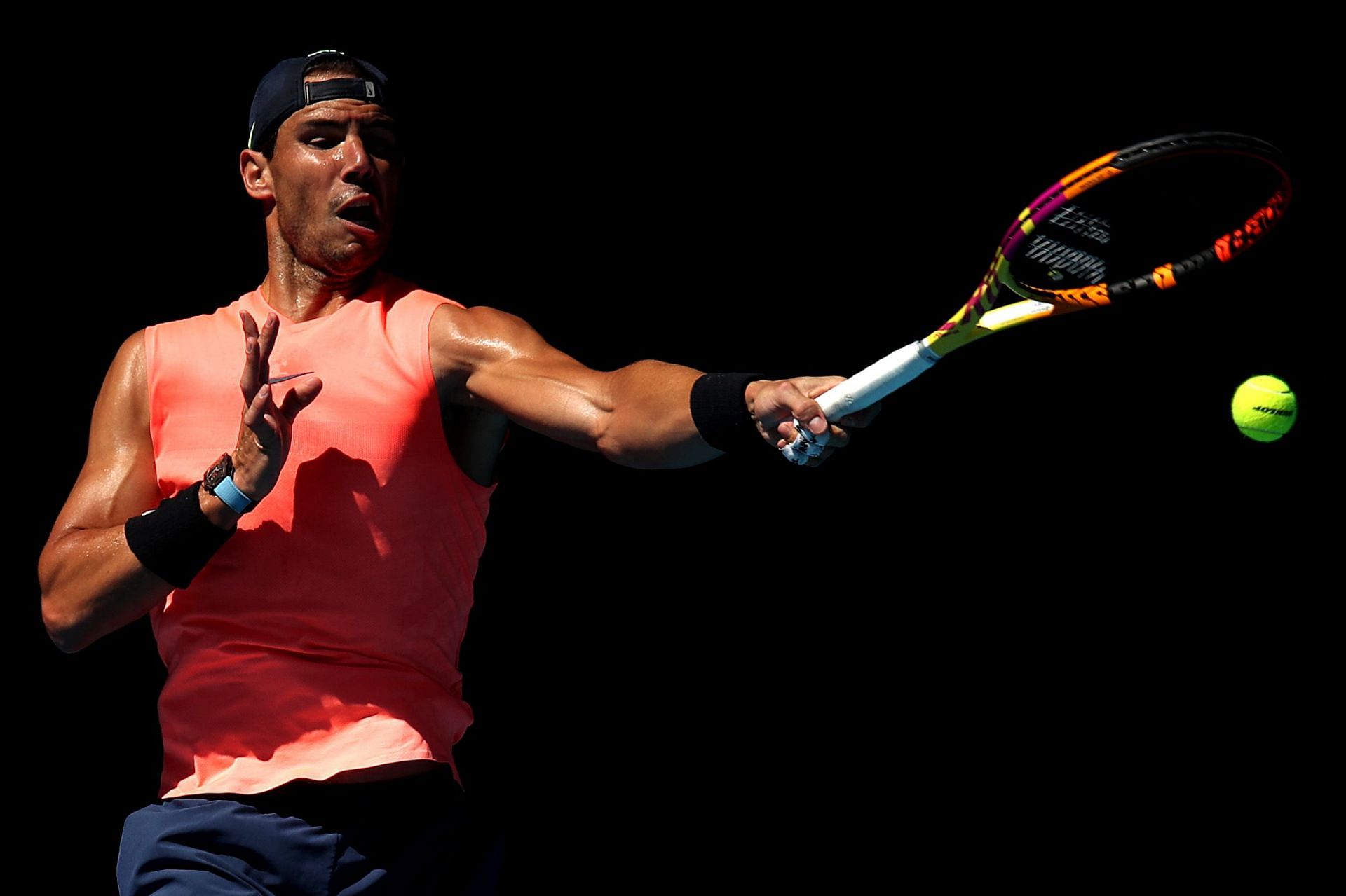 Rafael Nadal practices at the Rod Laver Arena on Thursday