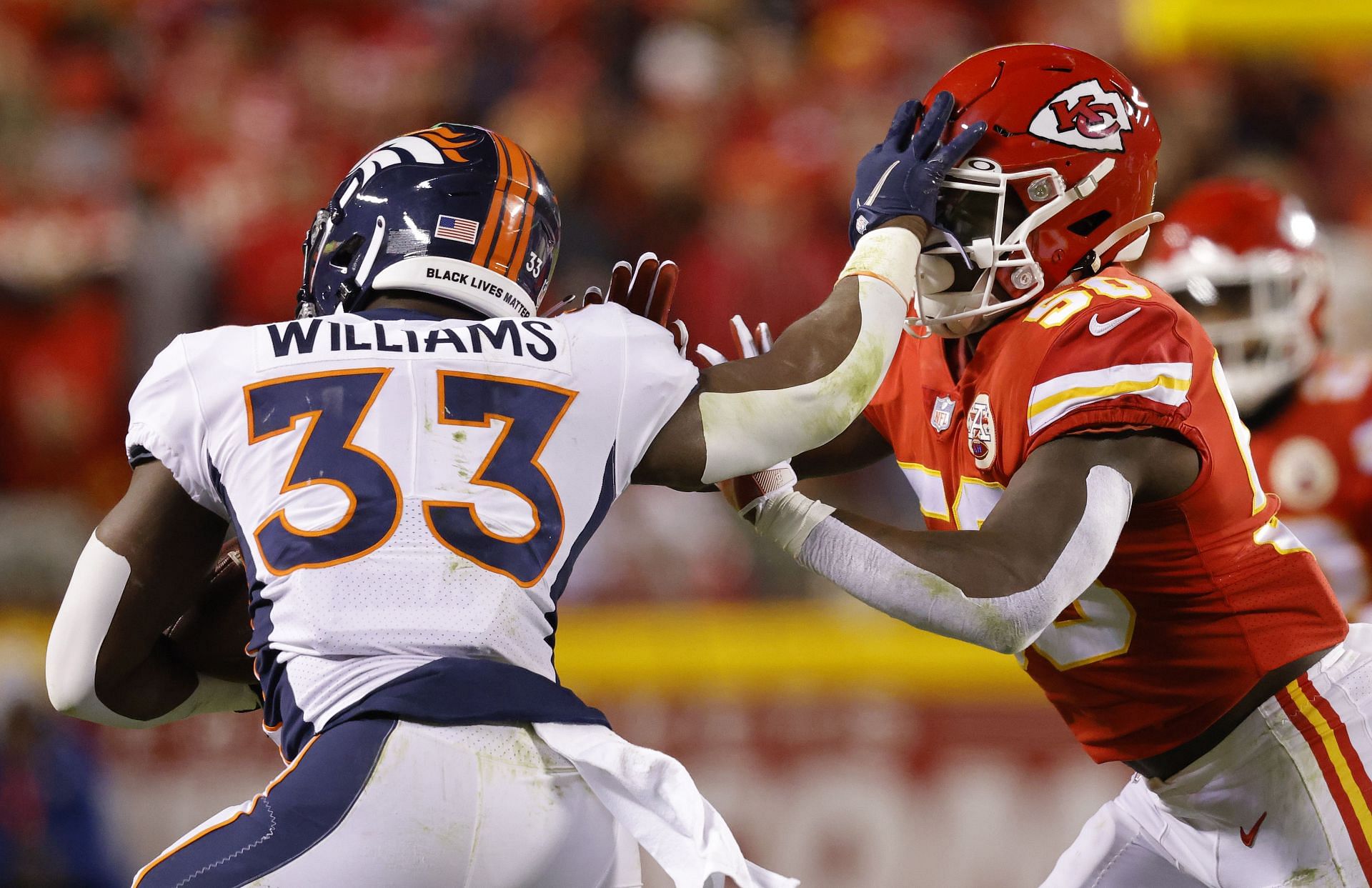 Broncos&#039; running back, Javonte Williams stiff-arms Chiefs linebacker Willie Gay Jr.