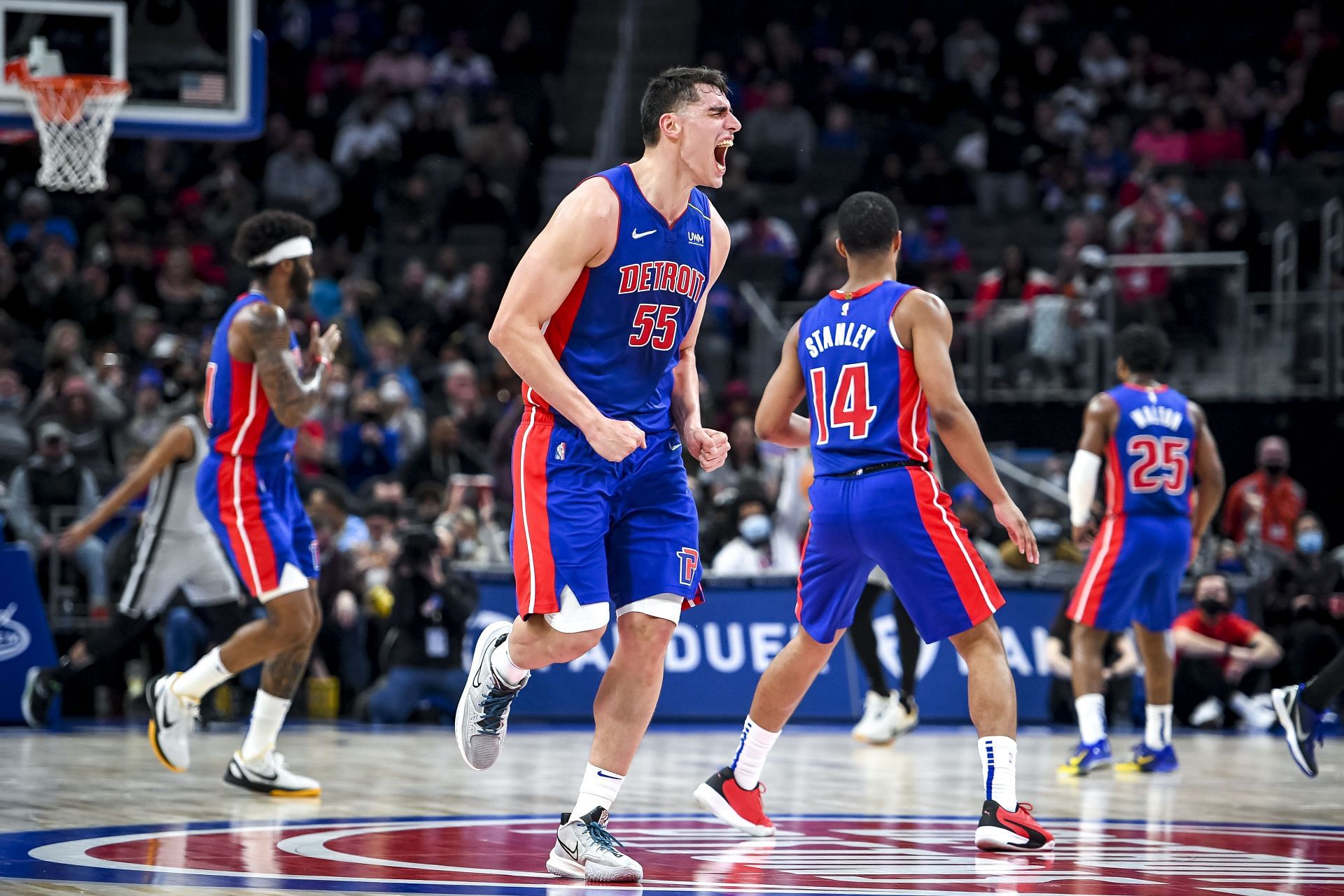 Detroit's Luka Garza reacts against the San Antonio Spurs