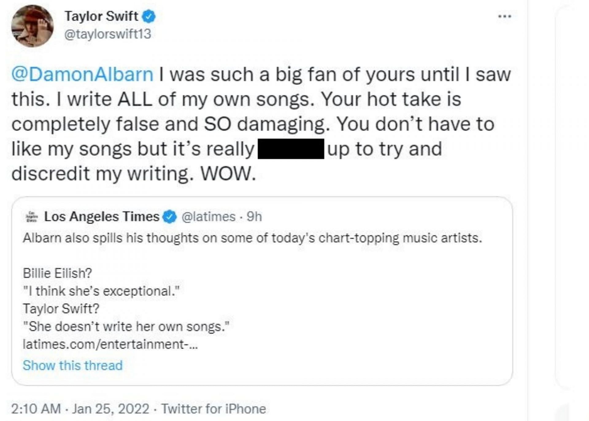 Taylor Swift&#039;s response (1/2) (Image via Twitter)