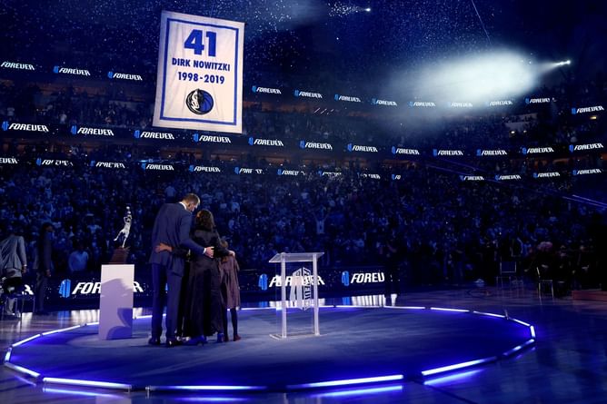 Watch: Dirk Nowitzki and family push the button that sends his iconic #41 jersey into the Dallas Mavericks rafters