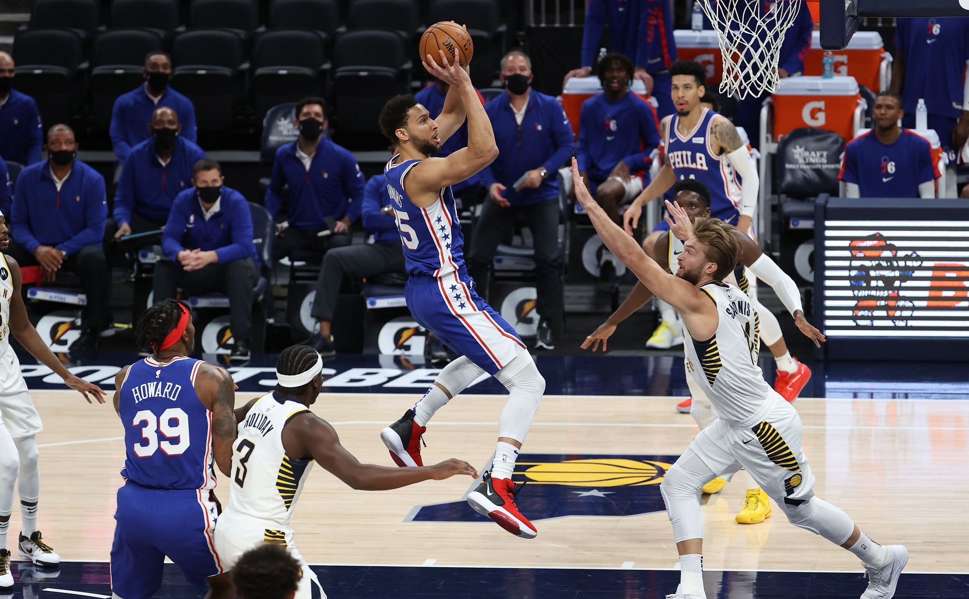 Ben Simmons #25 of the Philadelphia 76ers shoots the ball against the Indiana Pacers