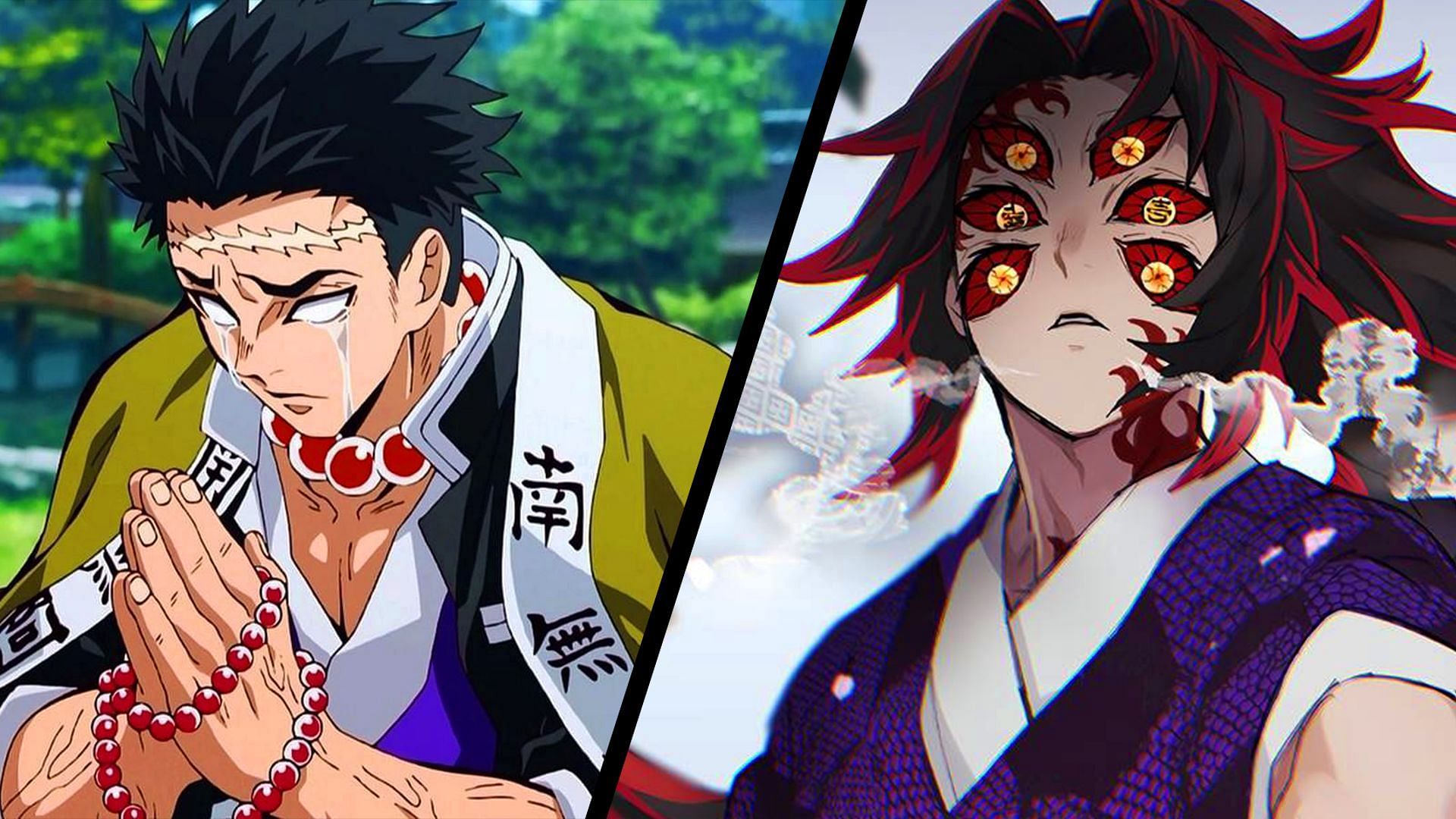 Visuals of Gyomei Himejima on left and Kokushibo on right (Image Via Sportskeeda)