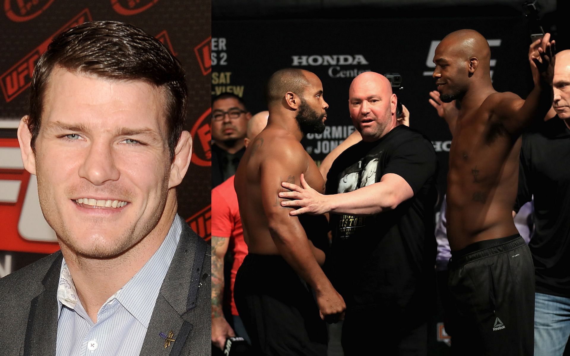 Michael Bisping (left) and Daniel Cormier posing with Jon Jones during the UFC 214 weigh-in ceremony in July 2017 (right)
