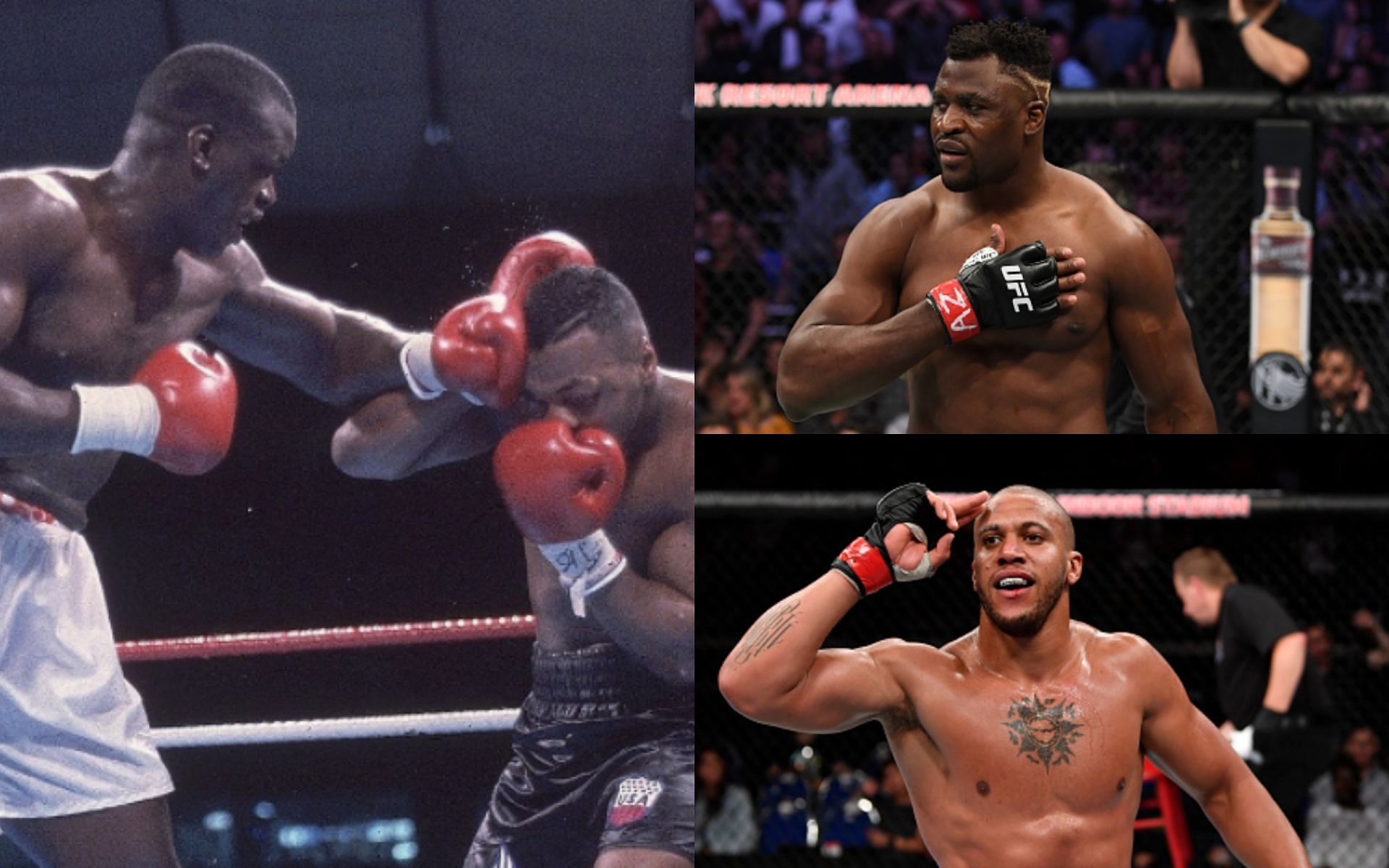 Douglas vs. Tyson (left); Francis Ngannou (top right); Ciryl Gane (bottom right)