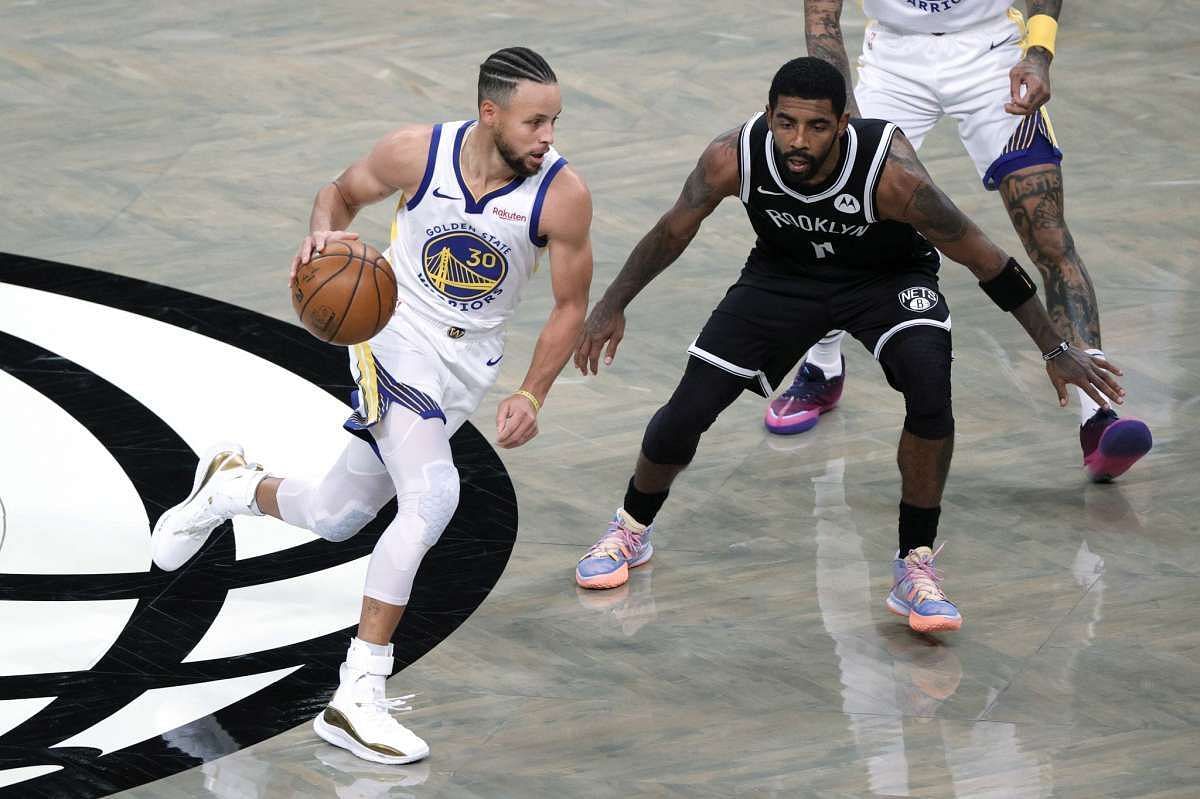 Steph Curry and Kyrie Irving will battle for the first time this season when the visiting Brooklyn Nets square off against the Golden State Warriors on Saturday. [Photo: SFGate]