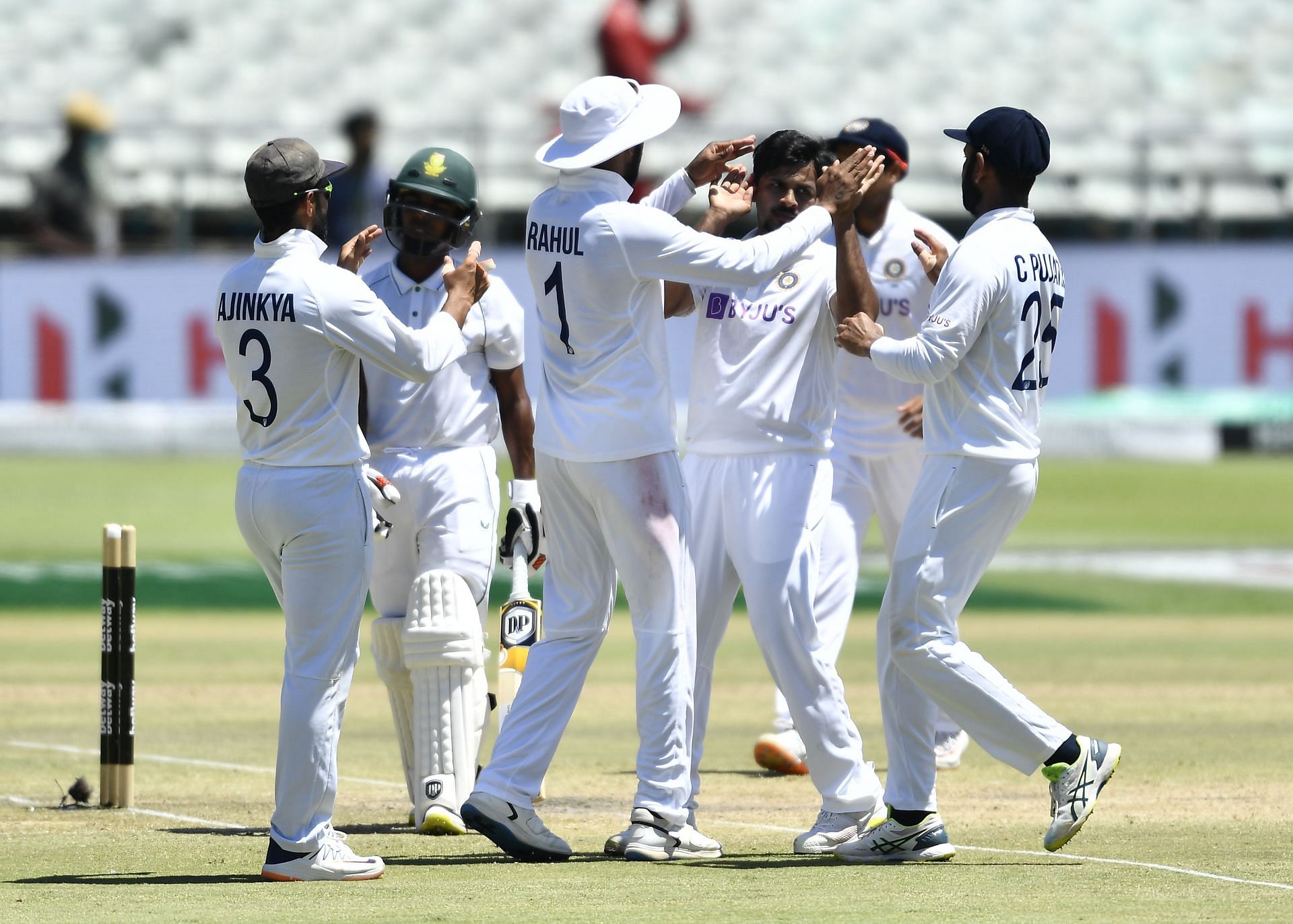 Indian players celebrate the wicket of Keegan Petersen. Pic: Getty Images