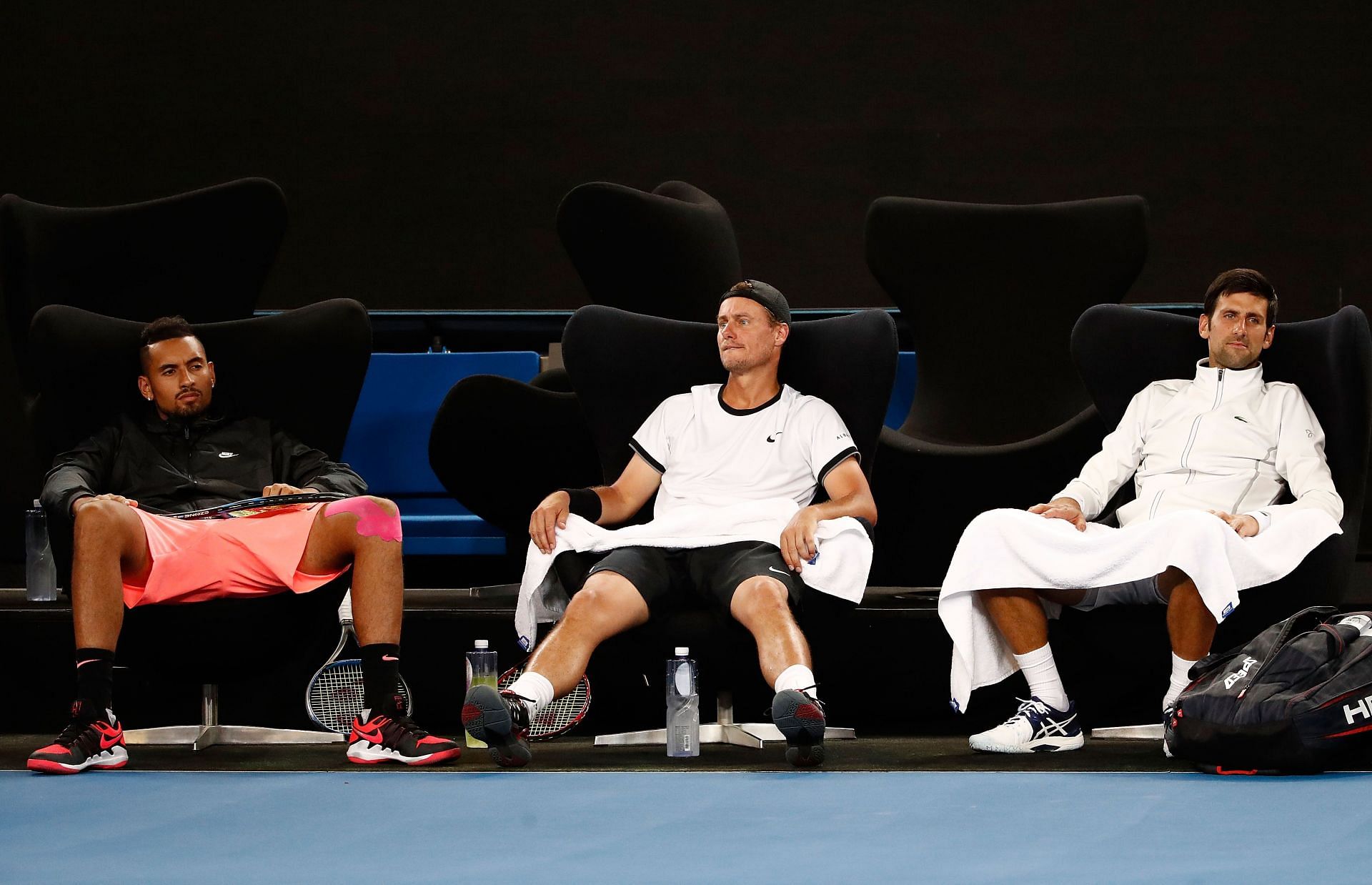 Nick Kyrgios (L), Lleyton Hewitt and Novak Djokovic (R)